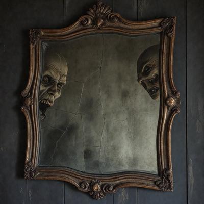The primary subject of the image is a mirror with a reflection of two ghostly faces. The setting is a dark room, and the visual style appears to be a combination of a photo and a drawing. The dominant colors are black and grey, creating a moody atmosphere.